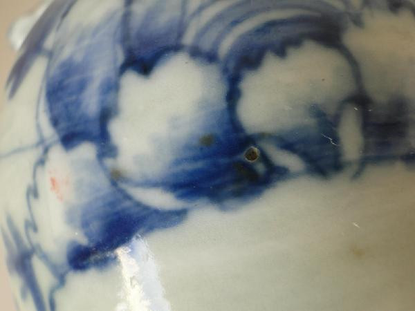 Vaso cinese blu e bianco con decorazione di foglie antiche