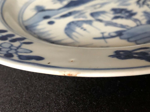 Chinesischer Porzellanteller aus dem 18. Jahrhundert mit Blumen- und Pagodendekoration