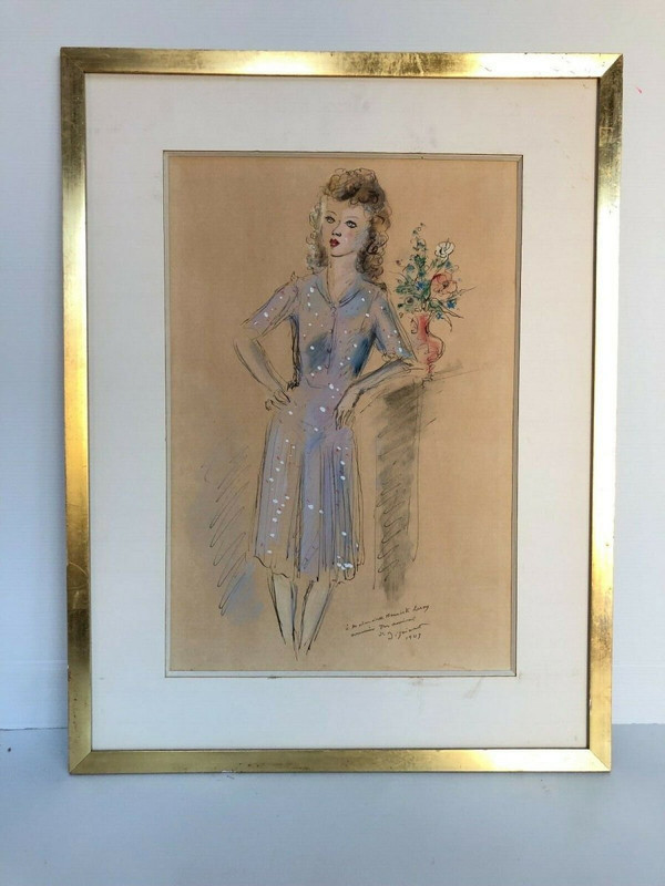 Watercolor drawing enhanced with a woman 1943 signed André Dignimont