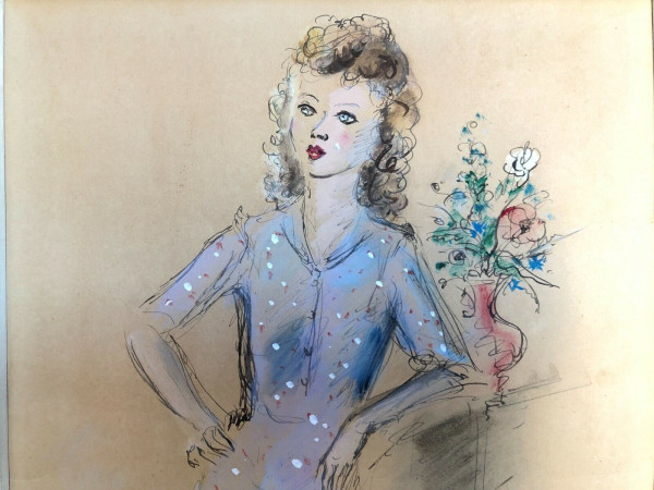 Watercolor drawing enhanced with a woman 1943 signed André Dignimont