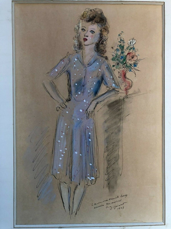 Watercolor drawing enhanced with a woman 1943 signed André Dignimont