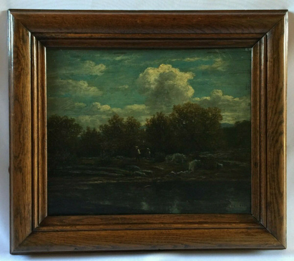 Huile sur panneau de bois par Chevallier 1878 scène Barbizon cadre en bois