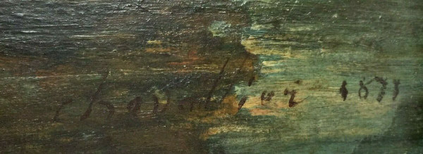Huile sur panneau de bois par Chevallier 1878 scène Barbizon cadre en bois