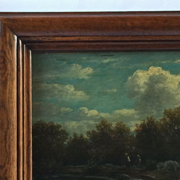 Huile sur panneau de bois par Chevallier 1878 scène Barbizon cadre en bois