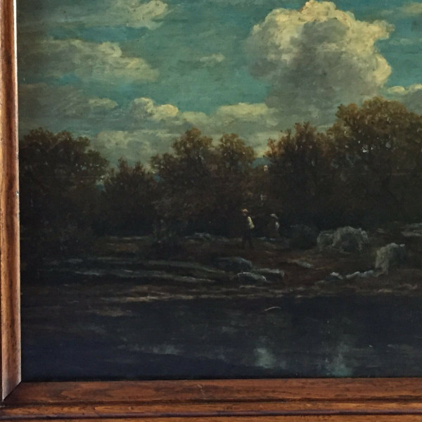 Huile sur panneau de bois par Chevallier 1878 scène Barbizon cadre en bois