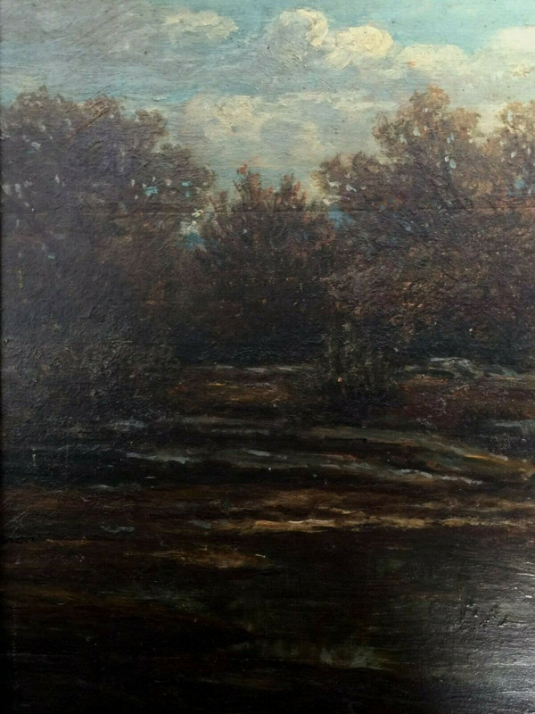 Huile sur panneau de bois par Chevallier 1878 scène Barbizon cadre en bois