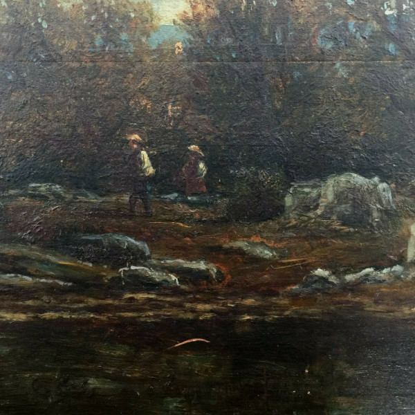Huile sur panneau de bois par Chevallier 1878 scène Barbizon cadre en bois