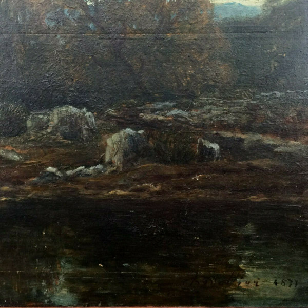 Huile sur panneau de bois par Chevallier 1878 scène Barbizon cadre en bois