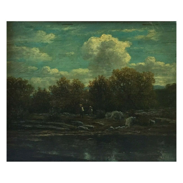 Huile sur panneau de bois par Chevallier 1878 scène Barbizon cadre en bois