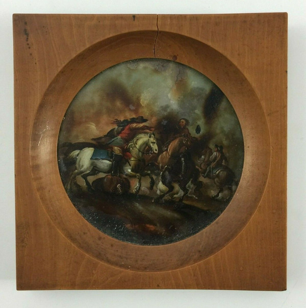 Miniature sous verre scène de bataille avec chevaux XIXe cadre en bois