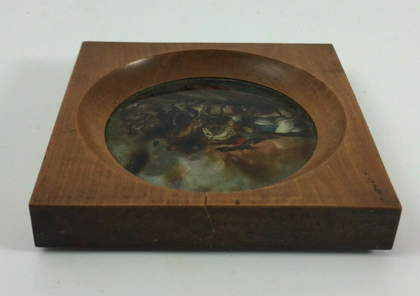 Miniature sous verre scène de bataille avec chevaux XIXe cadre en bois