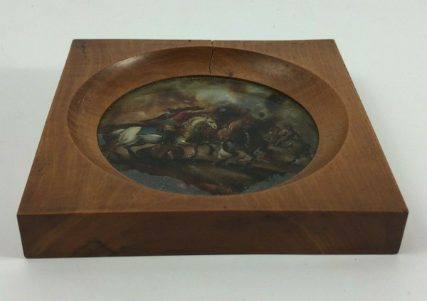 Miniature sous verre scène de bataille avec chevaux XIXe cadre en bois