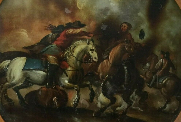 Miniature sous verre scène de bataille avec chevaux XIXe cadre en bois