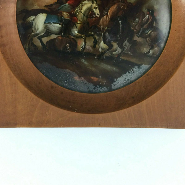 Miniature sous verre scène de bataille avec chevaux XIXe cadre en bois