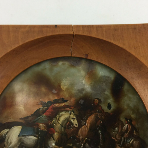 Miniature sous verre scène de bataille avec chevaux XIXe cadre en bois