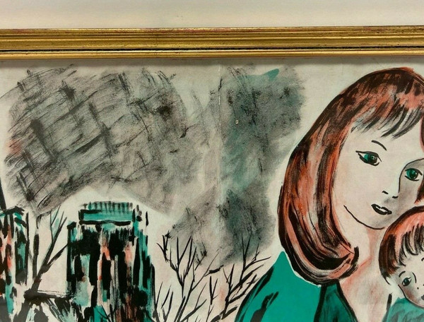 Watercolor on paper by Henry d'Anty woman with child in front of a cathedral