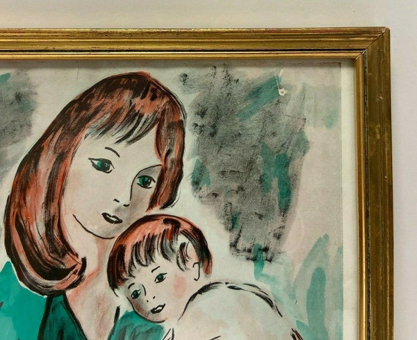 Watercolor on paper by Henry d'Anty woman with child in front of a cathedral