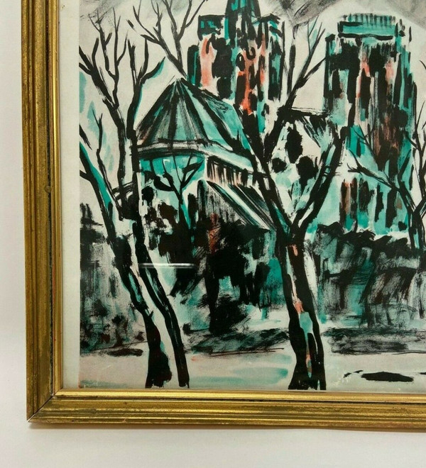 Watercolor on paper by Henry d'Anty woman with child in front of a cathedral