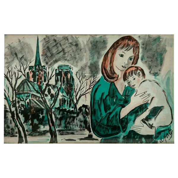 Watercolor on paper by Henry d'Anty woman with child in front of a cathedral