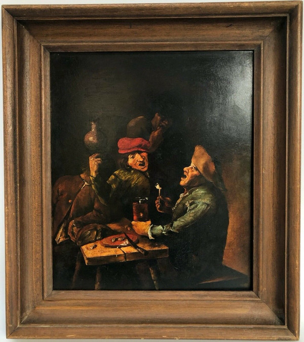 Huile sur panneau de cuivre scène de taverne XIXe cadre en bois