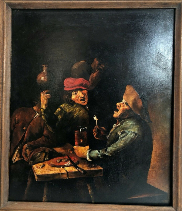 Huile sur panneau de cuivre scène de taverne XIXe cadre en bois
