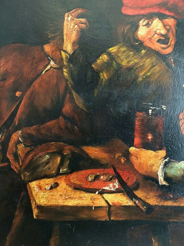 Huile sur panneau de cuivre scène de taverne XIXe cadre en bois