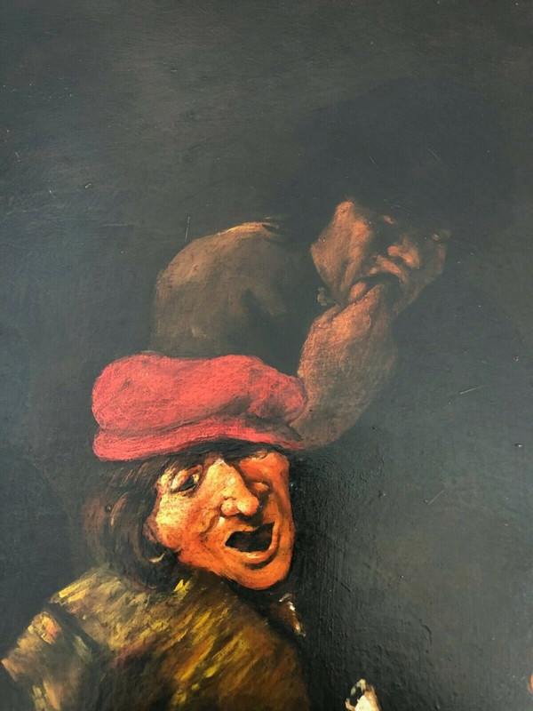 Huile sur panneau de cuivre scène de taverne XIXe cadre en bois