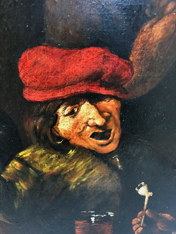 Huile sur panneau de cuivre scène de taverne XIXe cadre en bois