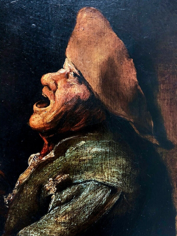 Huile sur panneau de cuivre scène de taverne XIXe cadre en bois