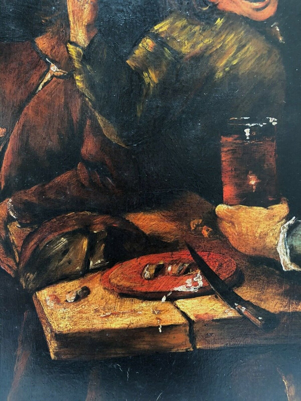 Huile sur panneau de cuivre scène de taverne XIXe cadre en bois
