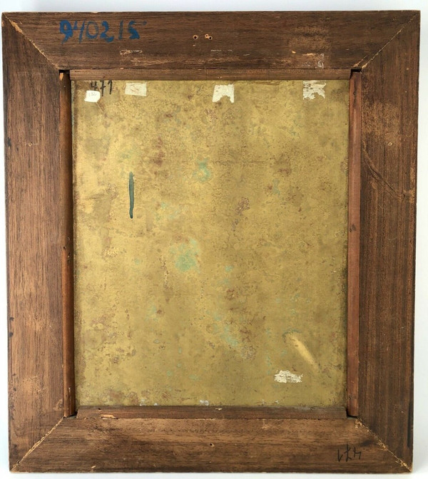 Huile sur panneau de cuivre scène de taverne XIXe cadre en bois