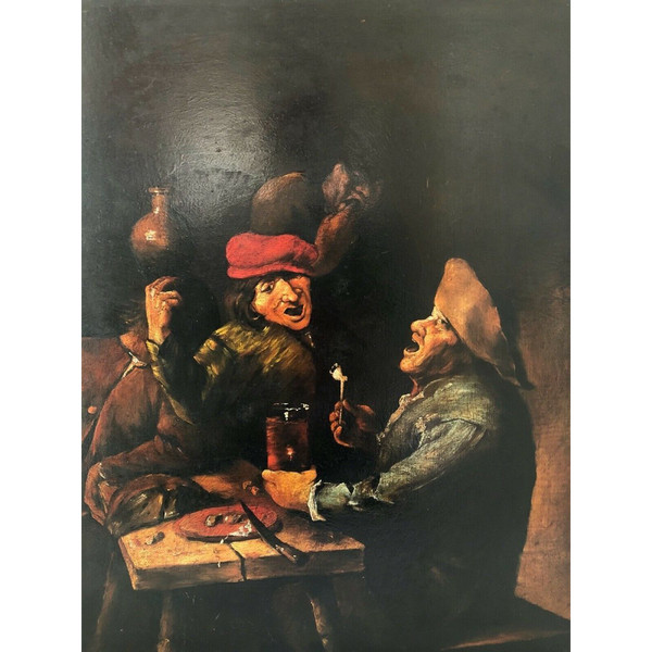 Huile sur panneau de cuivre scène de taverne XIXe cadre en bois