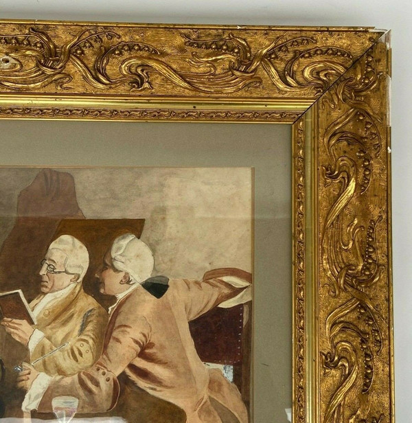 Watercolor on Leray paper Interior scene Men's tavern from the 18th century