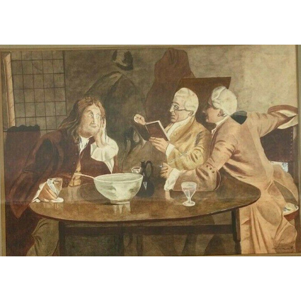 Watercolor on Leray paper Interior scene Men's tavern from the 18th century