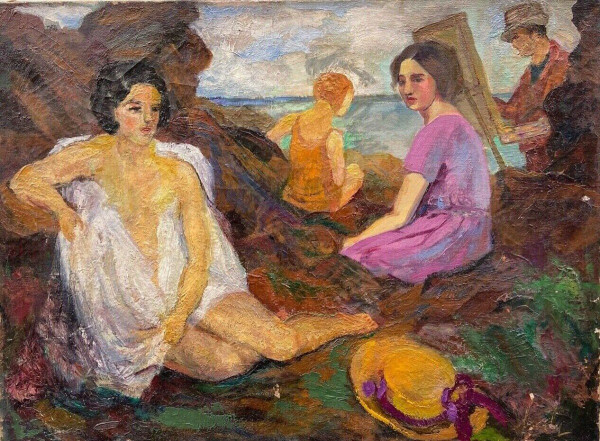 Öl auf Leinwand, Strandszene, 1930, Malerstaffelei