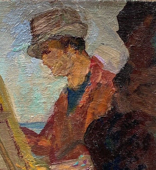 Öl auf Leinwand, Strandszene, 1930, Malerstaffelei