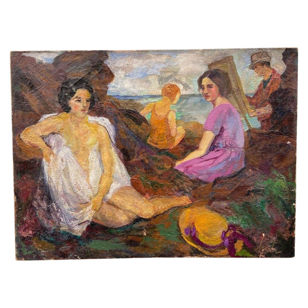 Öl auf Leinwand, Strandszene, 1930, Malerstaffelei