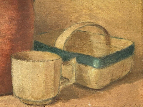 Natura morta olio su tavola vaso e cesto in grès 1943
