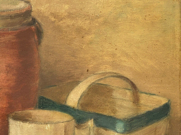 Natura morta olio su tavola vaso e cesto in grès 1943