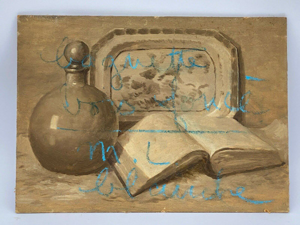 Natura morta olio su tavola vaso e cesto in grès 1943