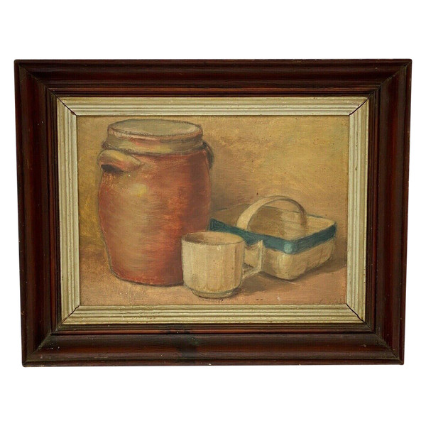 Natura morta olio su tavola vaso e cesto in grès 1943