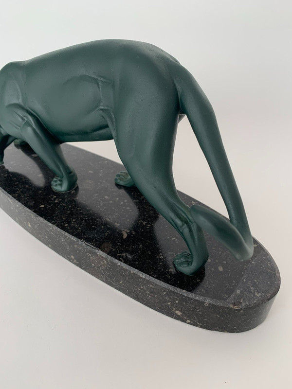 1930's Art Deco panther with green patina, regula marble base