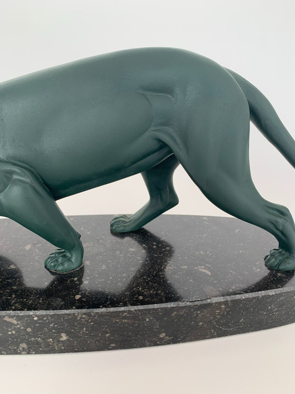 1930's Art Deco panther with green patina, regula marble base