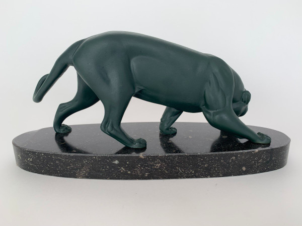 1930's Art Deco panther with green patina, regula marble base