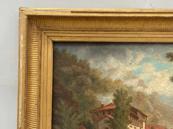 Huile sur toile par Claude Auguste Tamizier XIXe bord de rivière cadre à palmettes