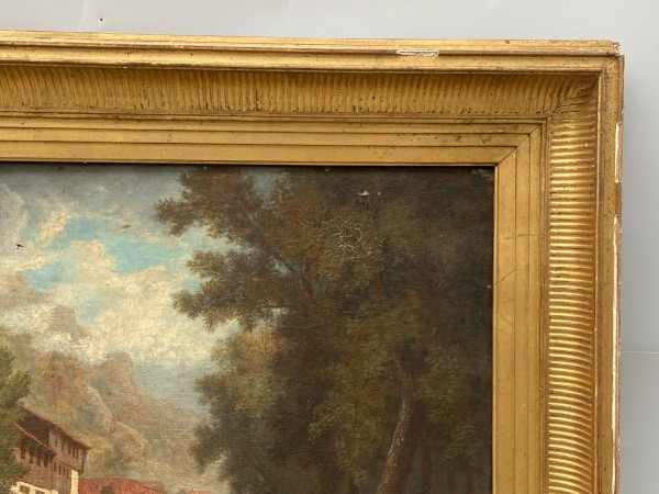 Huile sur toile par Claude Auguste Tamizier XIXe bord de rivière cadre à palmettes