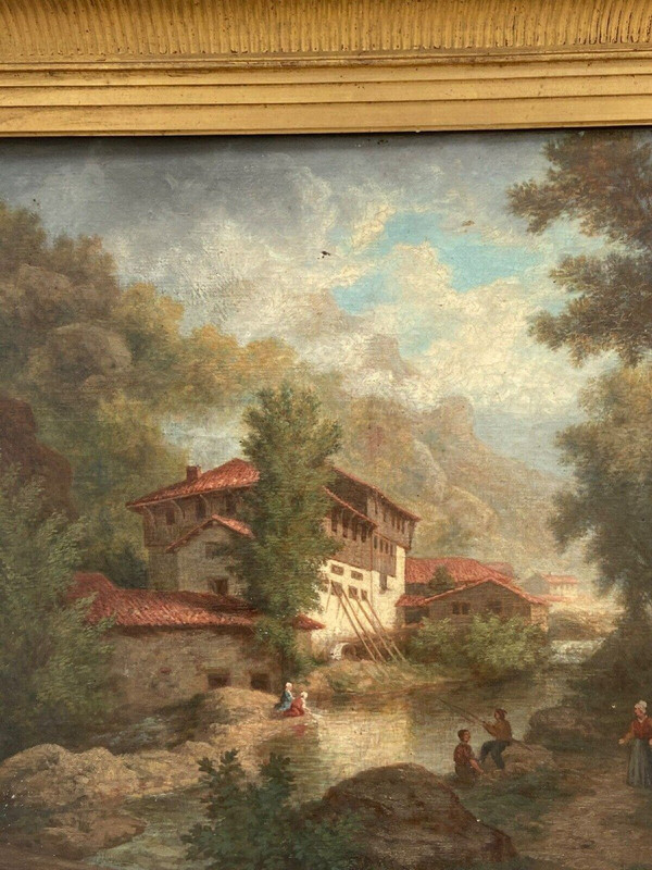Huile sur toile par Claude Auguste Tamizier XIXe bord de rivière cadre à palmettes