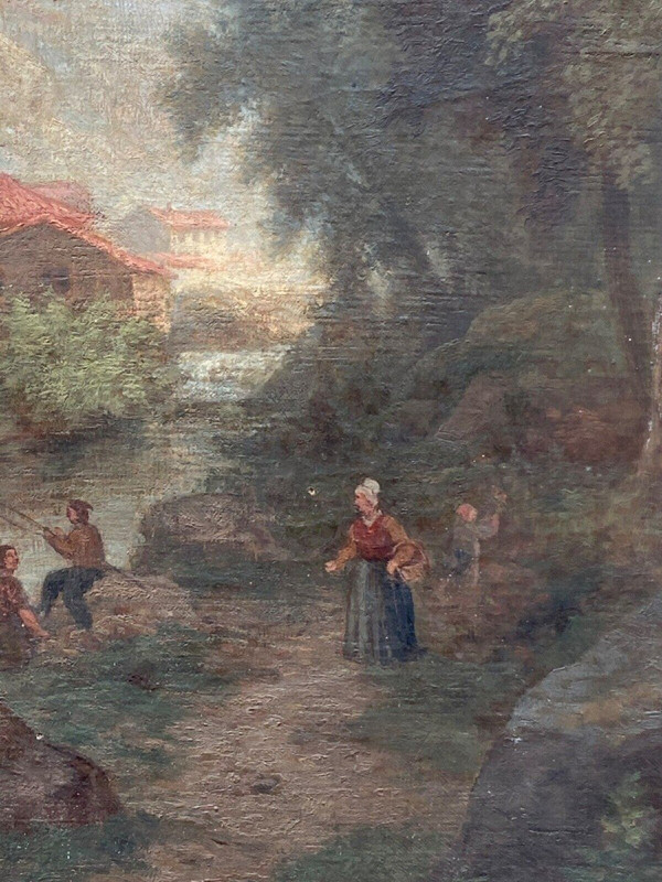 Huile sur toile par Claude Auguste Tamizier XIXe bord de rivière cadre à palmettes