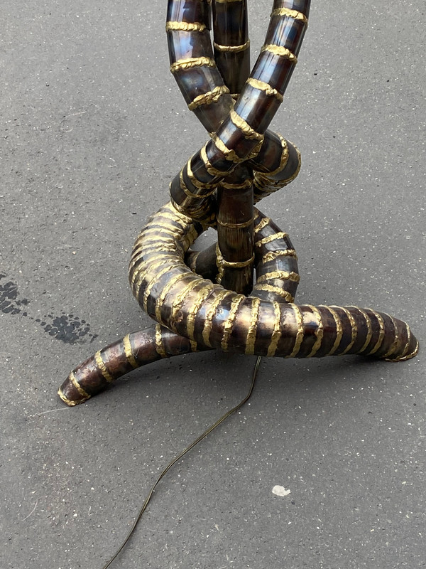 1970′ Yuka Palm Tree Floor Lamp Brass and Patinated Iron Maison Jansen 3 Heads Brutalist Style H 215 cm