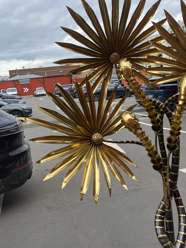 1970′ Yuka Palm Tree Floor Lamp Brass and Patinated Iron Maison Jansen 3 Heads Brutalist Style H 215 cm